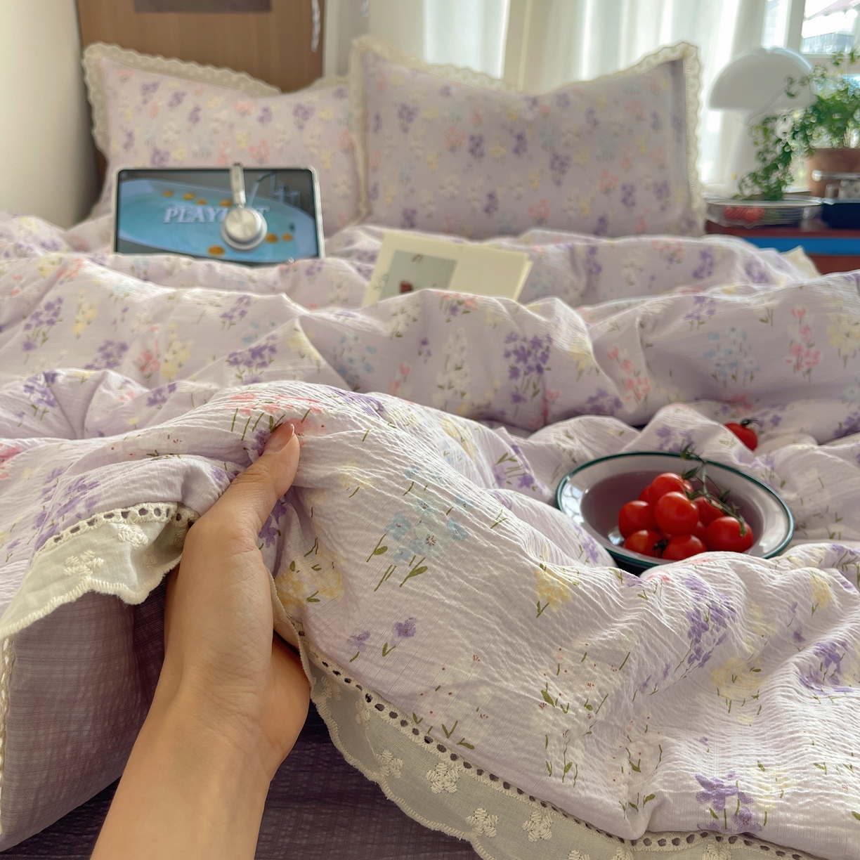 91家纺网 家纺一手货源 找家纺 梵克保罗 2026春夏新款全棉纯棉花边皱皱纱单夏被夏凉被空调被夏被四件套 紫菱花