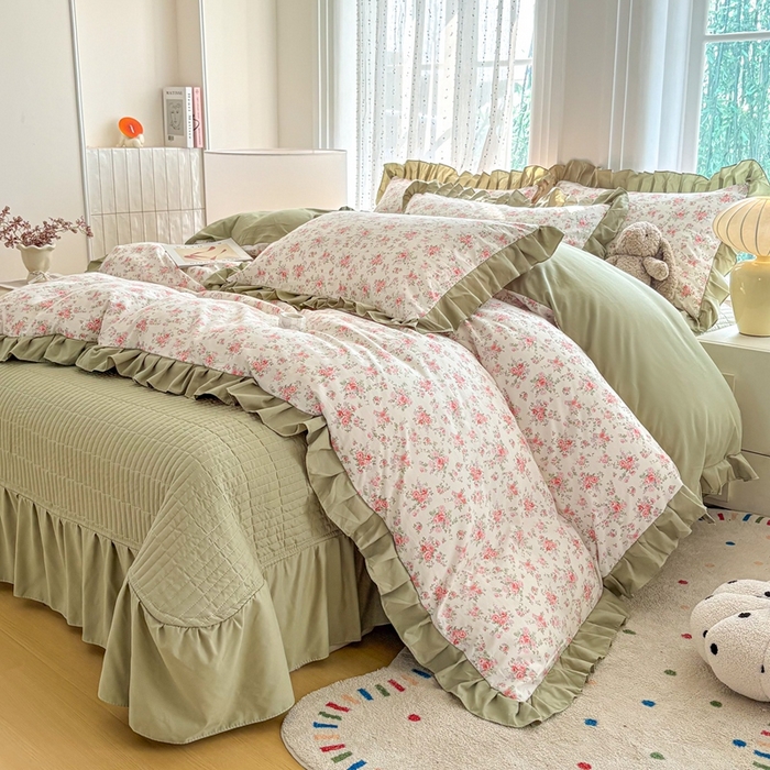 91家纺网 家纺一手货源 找家纺 （总）铠畅 2026春夏新款 锦朵系列韩版水洗棉小清新古棉床盖四件套