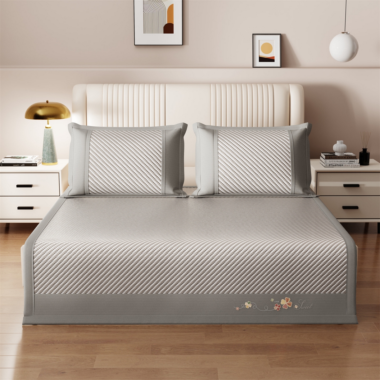 91家纺网 家纺一手货源 找家纺 鑫姿席业 夏季高端凉席竹席2026新款pe藤席a类母婴级1.8m空调软席子可水洗-四叶花语系列 四叶花语-灰