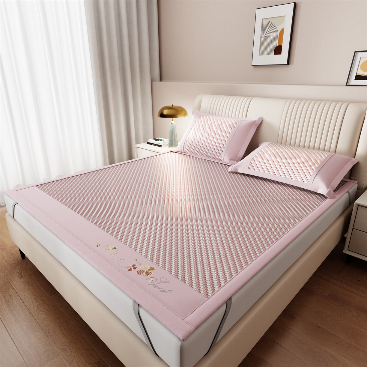 91家纺网 家纺一手货源 找家纺 鑫姿席业 夏季高端凉席竹席2026新款pe藤席a类母婴级1.8m空调软席子可水洗-四叶花语系列 四叶花语-粉