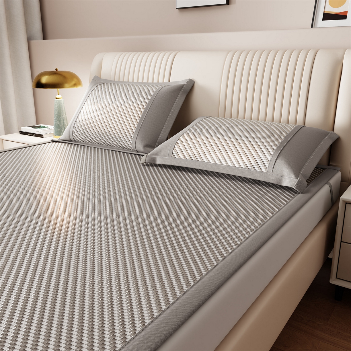 91家纺网 家纺一手货源 找家纺 鑫姿席业 夏季高端凉席竹席2026新款pe藤席a类母婴级1.8m空调软席子可水洗-四叶花语系列 四叶花语-灰