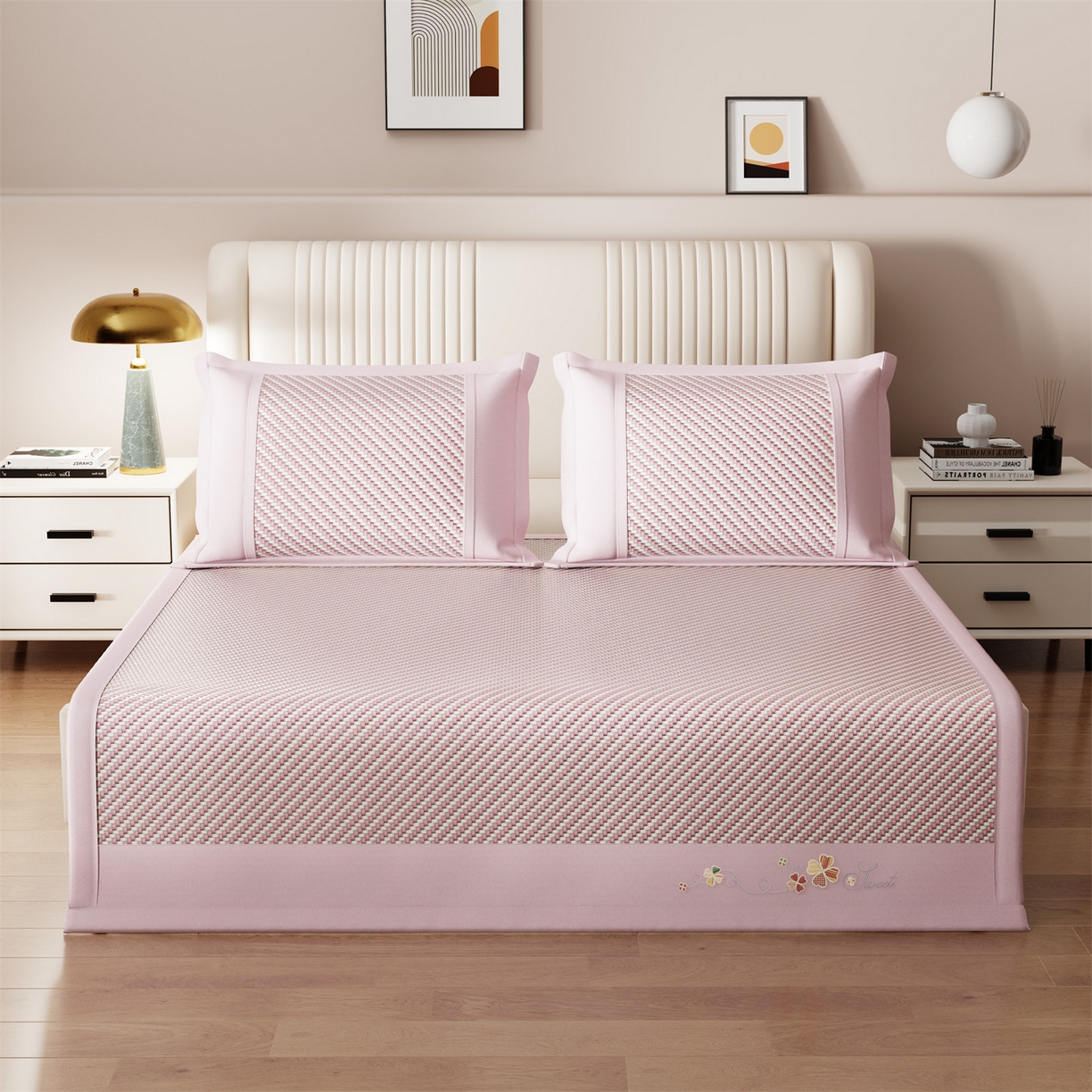 91家纺网 家纺一手货源 找家纺 鑫姿席业 夏季高端凉席竹席2026新款pe藤席a类母婴级1.8m空调软席子可水洗-四叶花语系列 四叶花语-粉