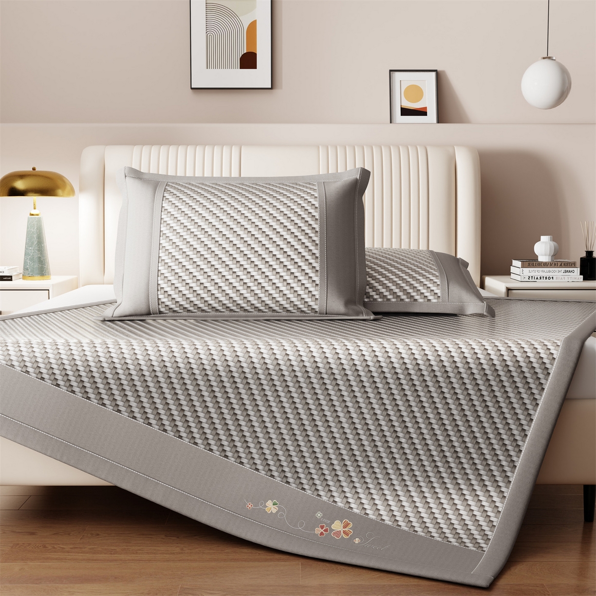 91家纺网 家纺一手货源 找家纺 鑫姿席业 夏季高端凉席竹席2026新款pe藤席a类母婴级1.8m空调软席子可水洗-四叶花语系列 四叶花语-灰