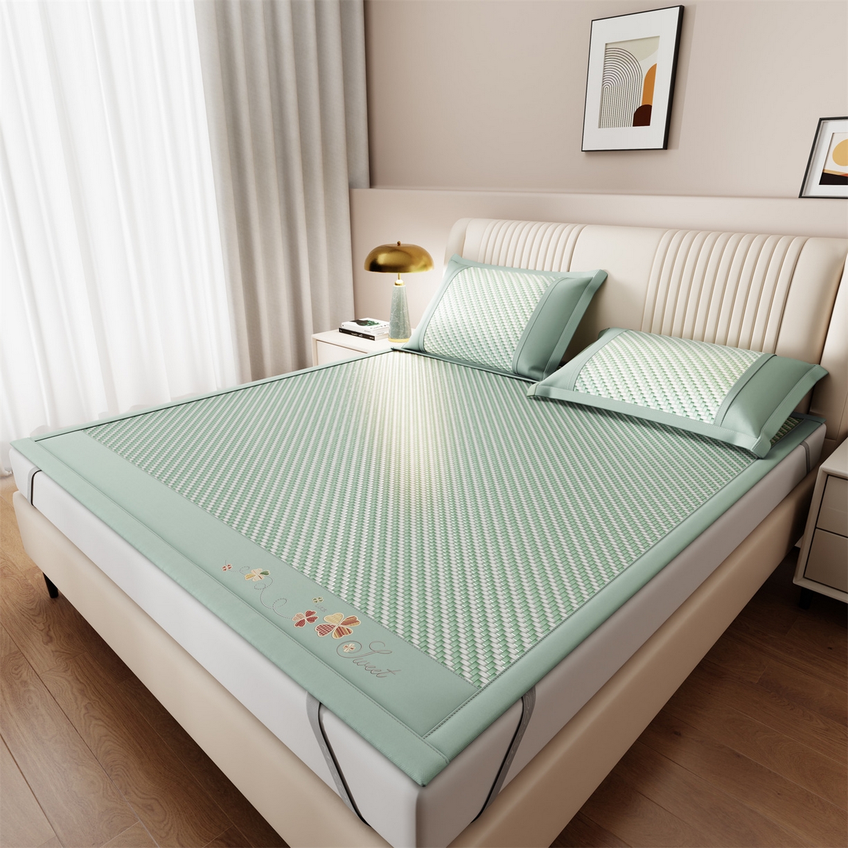 91家纺网 家纺一手货源 找家纺 鑫姿席业 夏季高端凉席竹席2026新款pe藤席a类母婴级1.8m空调软席子可水洗-四叶花语系列 四叶花语-绿