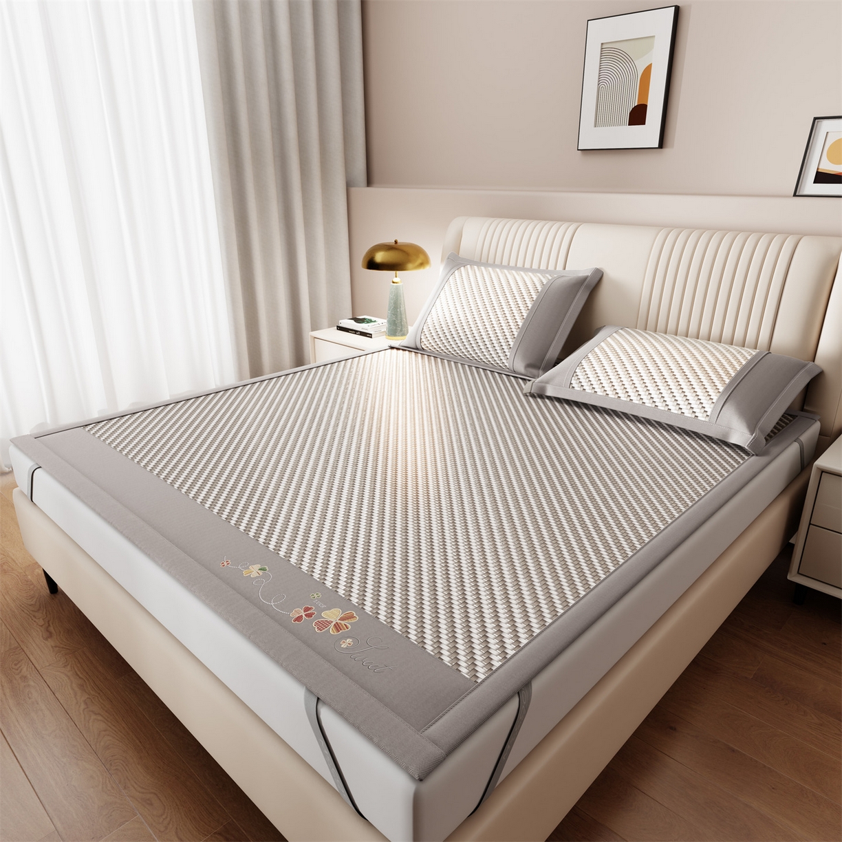 91家纺网 家纺一手货源 找家纺 鑫姿席业 夏季高端凉席竹席2026新款pe藤席a类母婴级1.8m空调软席子可水洗-四叶花语系列 四叶花语-灰