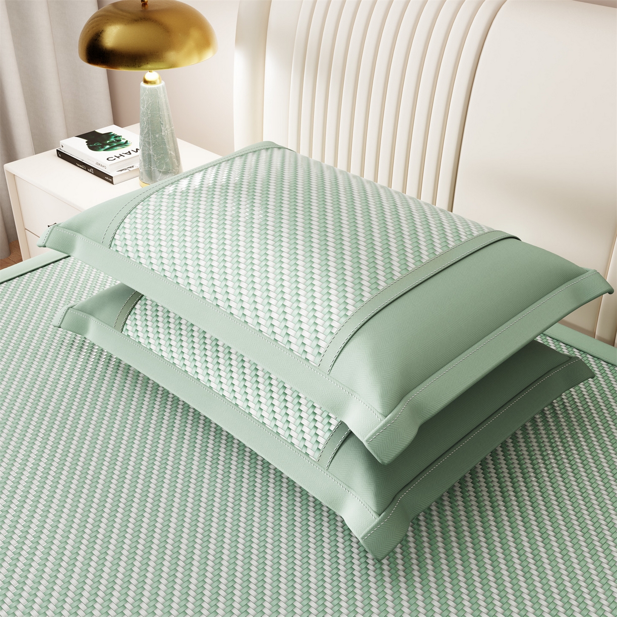 91家纺网 家纺一手货源 找家纺 鑫姿席业 夏季高端凉席竹席2026新款pe藤席a类母婴级1.8m空调软席子可水洗-四叶花语系列 四叶花语-绿