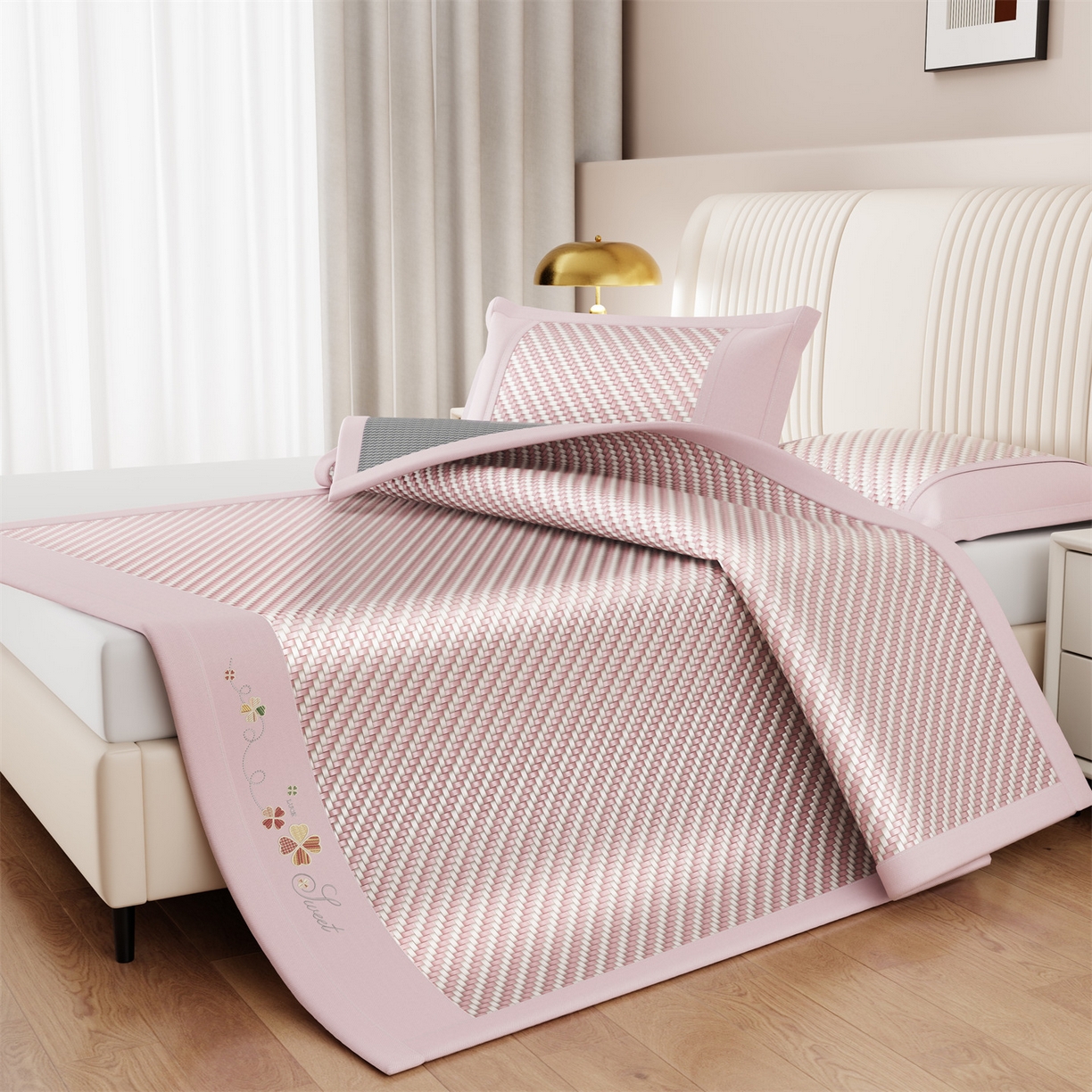 91家纺网 家纺一手货源 找家纺 鑫姿席业 夏季高端凉席竹席2026新款pe藤席a类母婴级1.8m空调软席子可水洗-四叶花语系列 四叶花语-粉