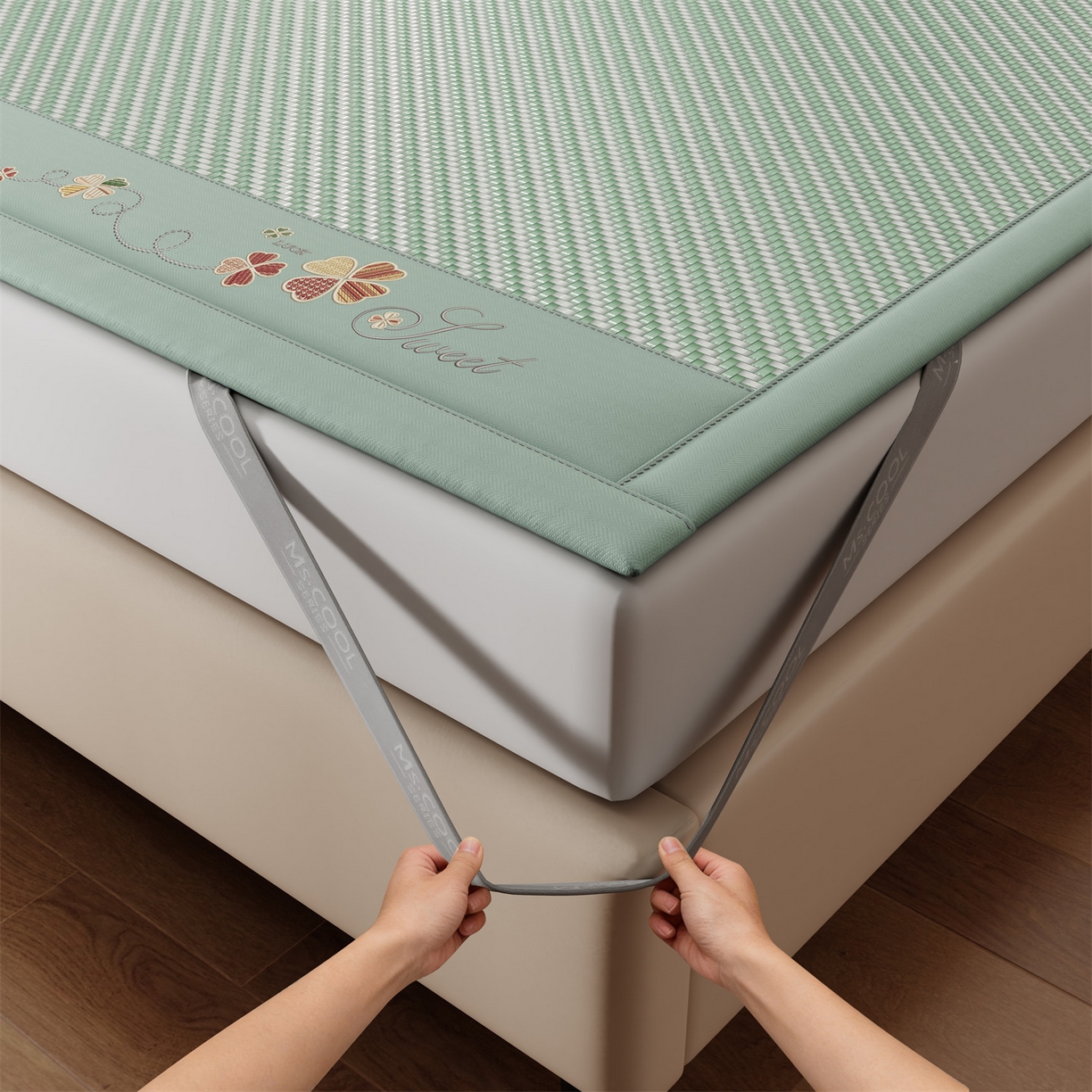 91家纺网 家纺一手货源 找家纺 鑫姿席业 夏季高端凉席竹席2026新款pe藤席a类母婴级1.8m空调软席子可水洗-四叶花语系列 四叶花语-绿