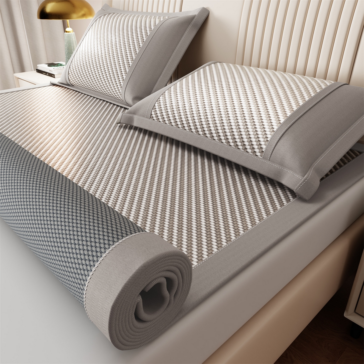 91家纺网 家纺一手货源 找家纺 鑫姿席业 夏季高端凉席竹席2026新款pe藤席a类母婴级1.8m空调软席子可水洗-四叶花语系列 四叶花语-灰