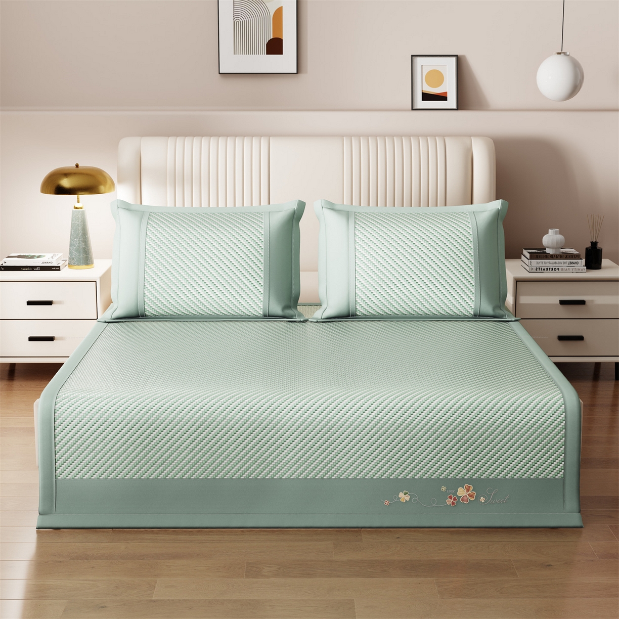 91家纺网 家纺一手货源 找家纺 鑫姿席业 夏季高端凉席竹席2026新款pe藤席a类母婴级1.8m空调软席子可水洗-四叶花语系列 四叶花语-绿