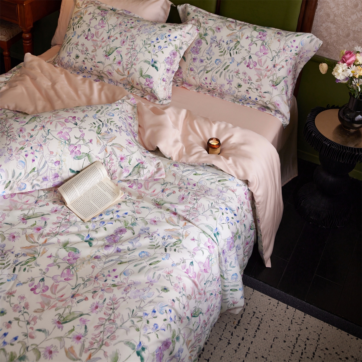 91家纺网 家纺一手货源 找家纺 初拾 2026新款春夏小清新莱赛尔数码印花四件套 会员减10 控价：日常券后不低于298 元  晴岛桔梗