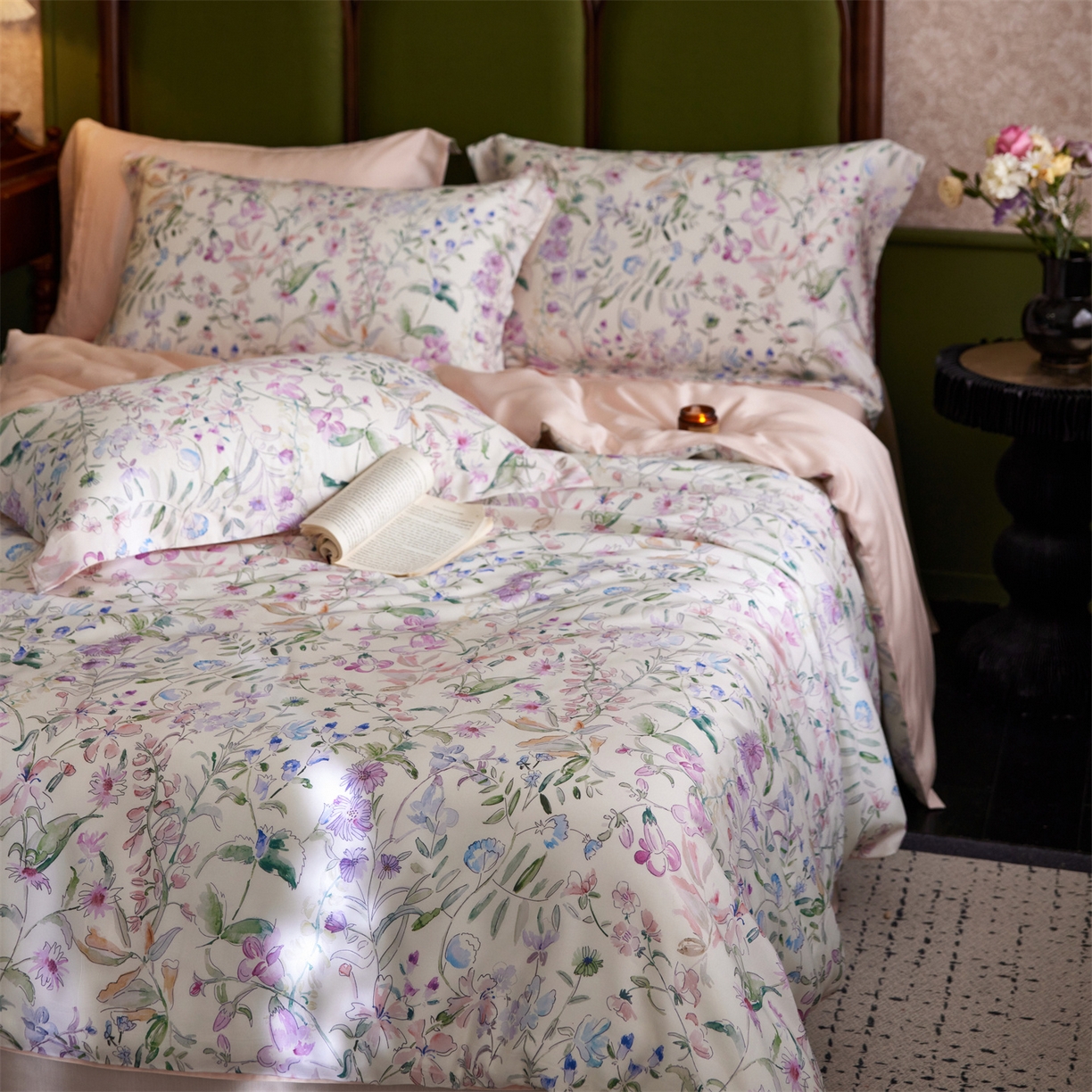 91家纺网 家纺一手货源 找家纺 初拾 2026新款春夏小清新莱赛尔数码印花四件套 会员减10 控价：日常券后不低于298 元  晴岛桔梗