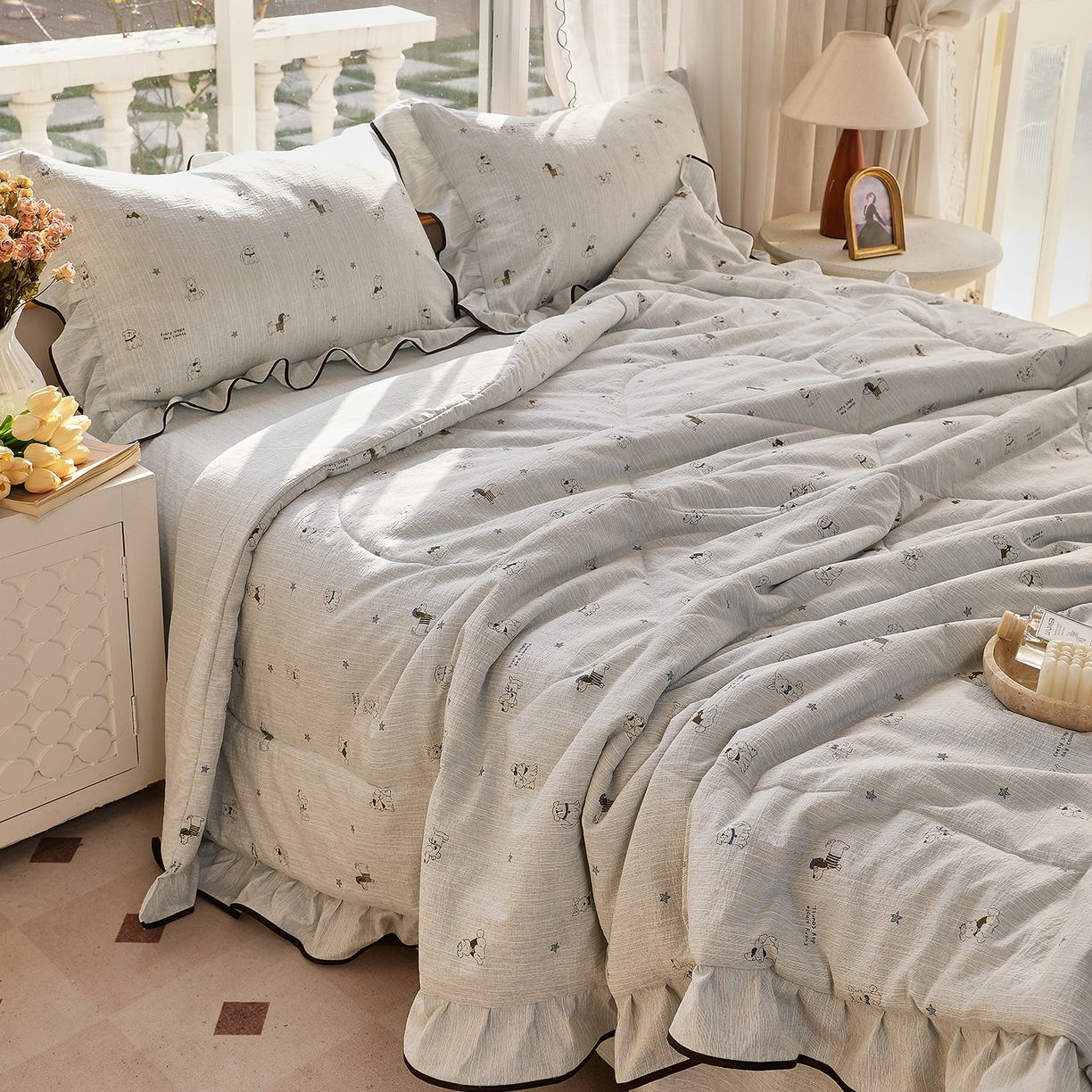 91家纺网 家纺一手货源 找家纺 梵克保罗 2026春夏新款提花色织花边夏被四件套单夏被空调被 星梦小狗