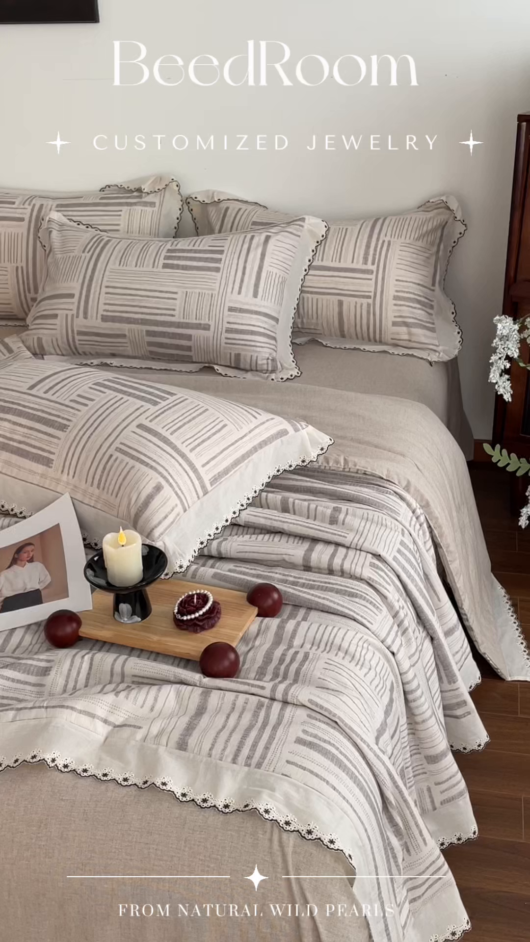 91家纺网 家纺一手货源 找家纺 慕晨 2026新款天丝莱赛尔棉麻数码印色织花边夏被四件套高级田园美式直播热款 闲纹