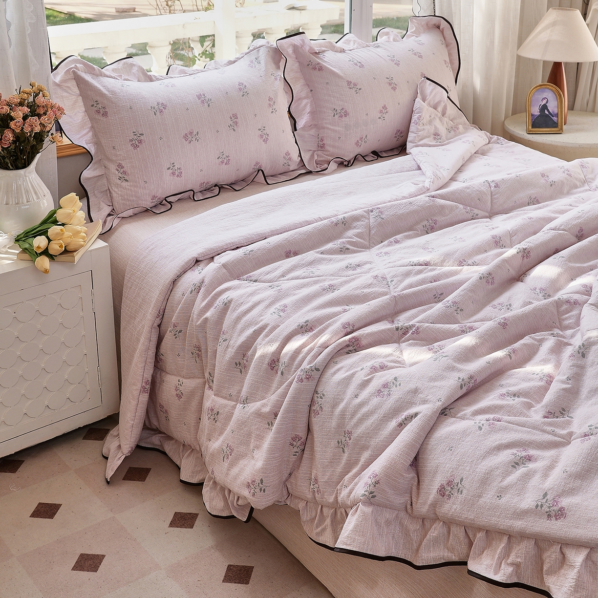 91家纺网 家纺一手货源 找家纺 梵克保罗 2026春夏新款提花色织花边夏被四件套单夏被空调被 樱花绘