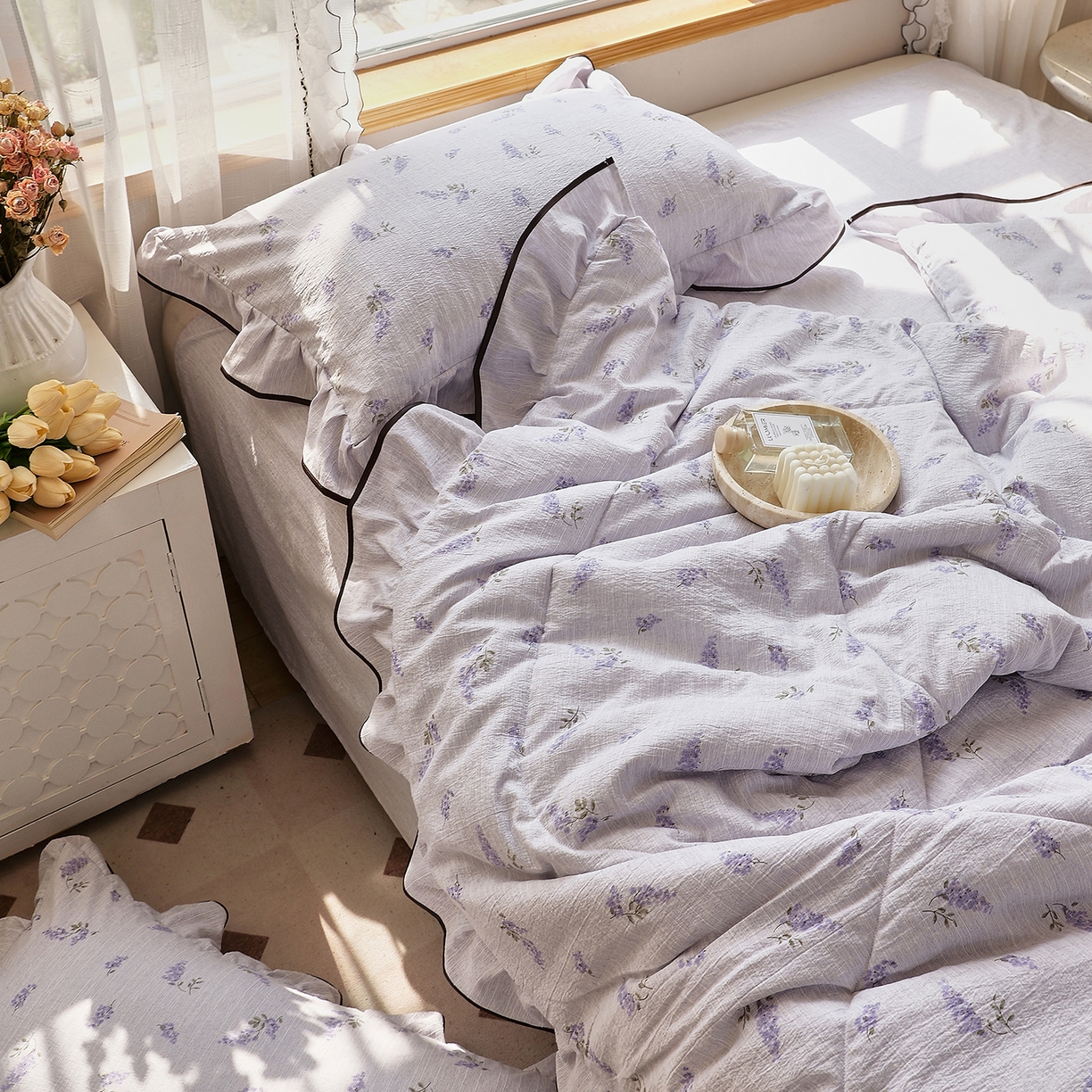 91家纺网 家纺一手货源 找家纺 梵克保罗 2026春夏新款提花色织花边夏被四件套单夏被空调被 紫穗