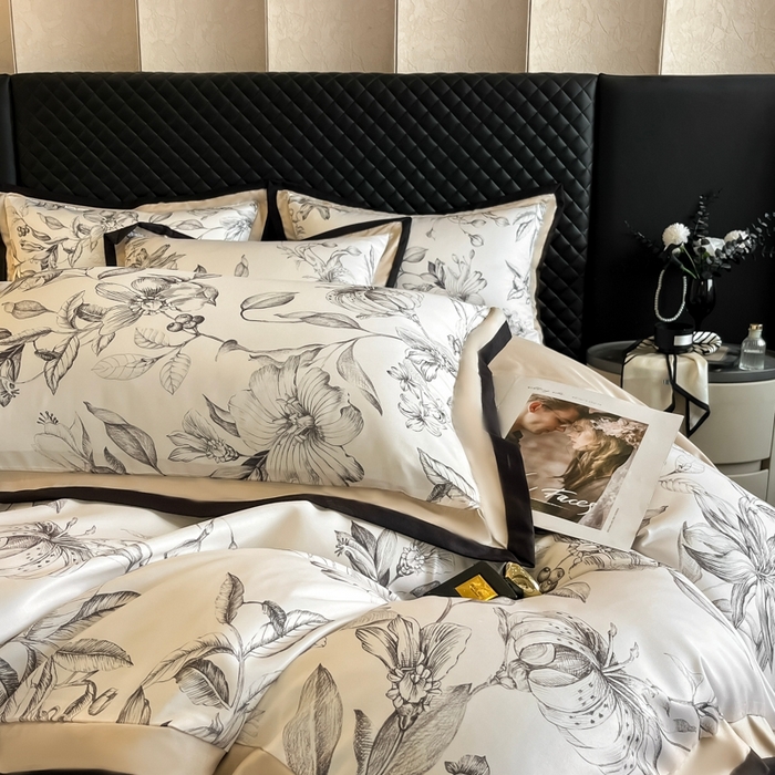 91家纺网 家纺一手货源 找家纺 首尔家纺 2026春夏新款宽边数码冰丝四件套 石榴花咖