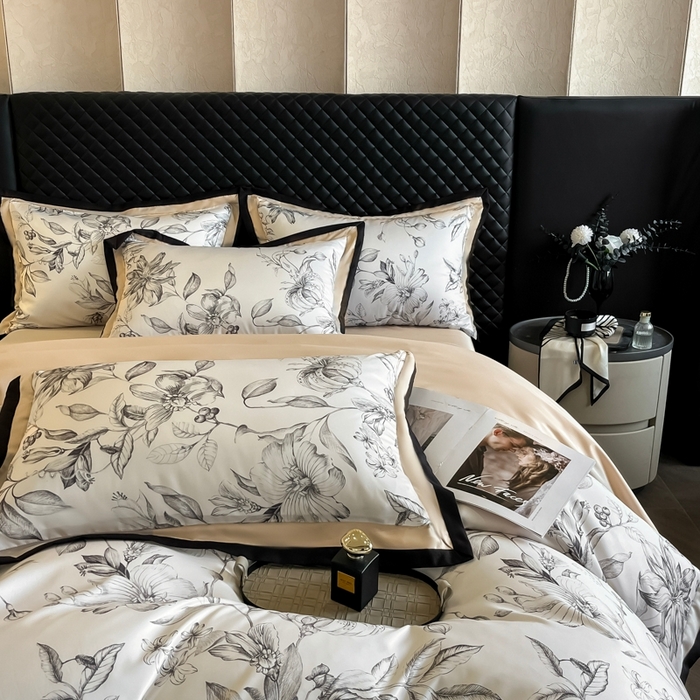 91家纺网 家纺一手货源 找家纺 首尔家纺 2026春夏新款宽边数码冰丝四件套 石榴花咖