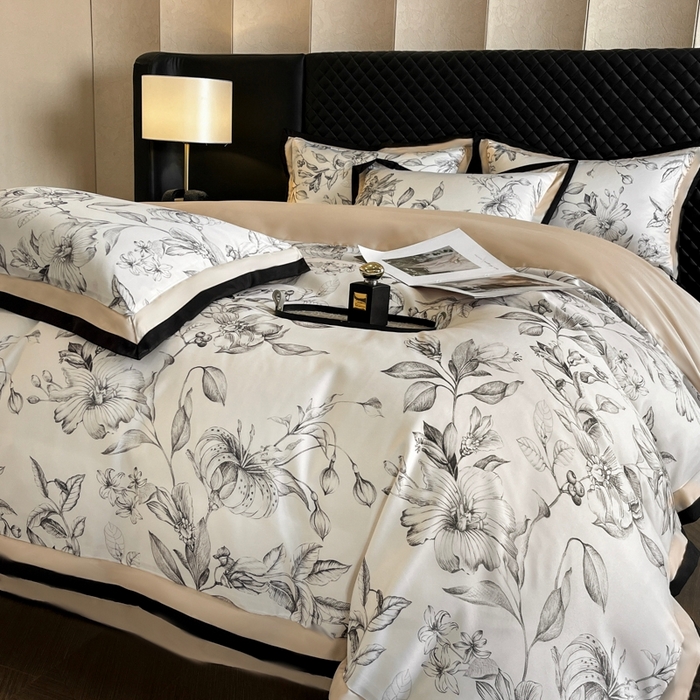 91家纺网 家纺一手货源 找家纺 首尔家纺 2026春夏新款宽边数码冰丝四件套 石榴花咖