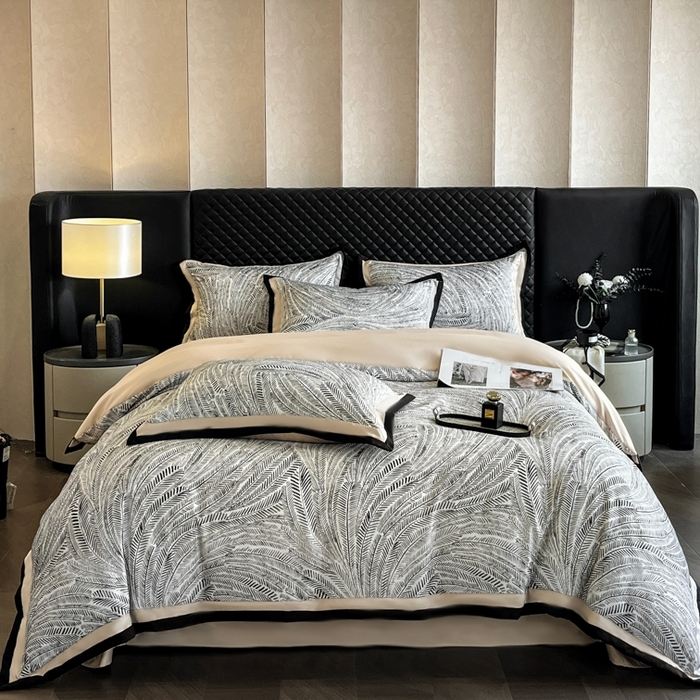 91家纺网 家纺一手货源 找家纺 首尔家纺 2026春夏新款宽边数码冰丝四件套 孔雀舞咖