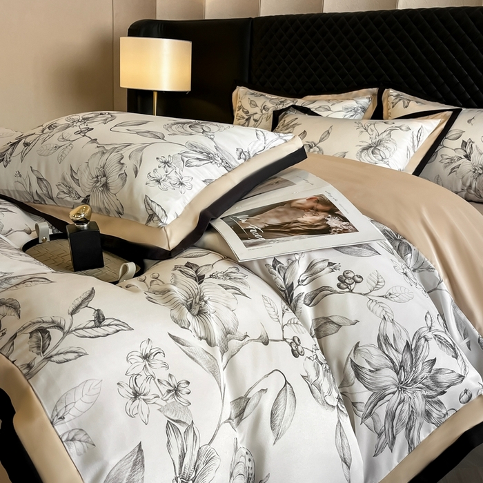 91家纺网 家纺一手货源 找家纺 首尔家纺 2026春夏新款宽边数码冰丝四件套 石榴花咖