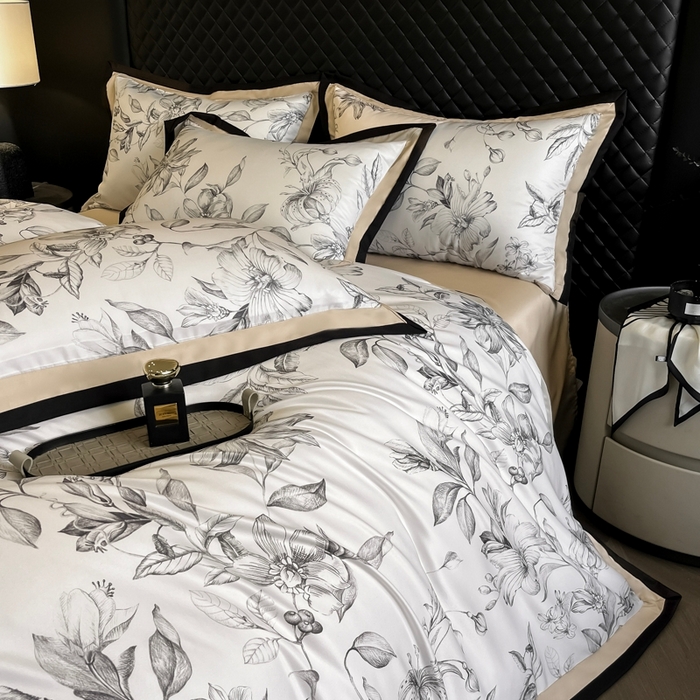 91家纺网 家纺一手货源 找家纺 首尔家纺 2026春夏新款宽边数码冰丝四件套 石榴花咖