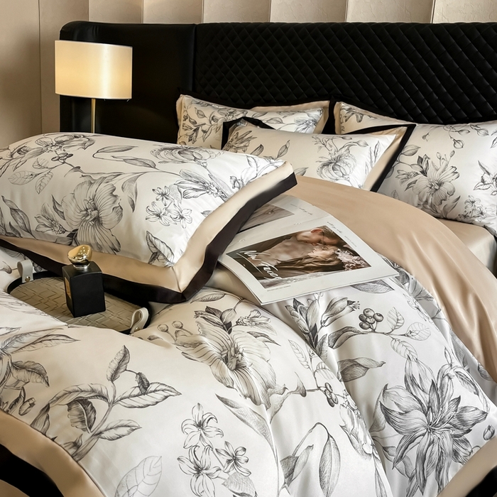 91家纺网 家纺一手货源 找家纺 首尔家纺 2026春夏新款宽边数码冰丝四件套 石榴花咖