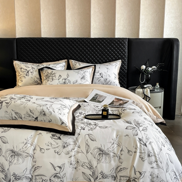 91家纺网 家纺一手货源 找家纺 首尔家纺 2026春夏新款宽边数码冰丝四件套 石榴花咖