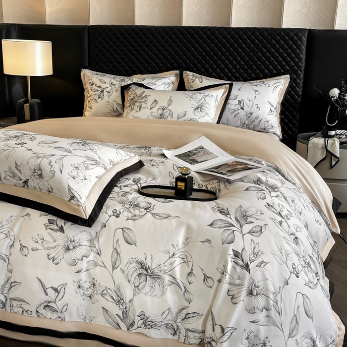 91家纺网 家纺一手货源 找家纺 首尔家纺 2026春夏新款宽边数码冰丝四件套 石榴花咖