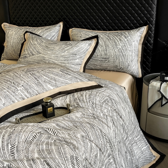 91家纺网 家纺一手货源 找家纺 首尔家纺 2026春夏新款宽边数码冰丝四件套 孔雀舞咖