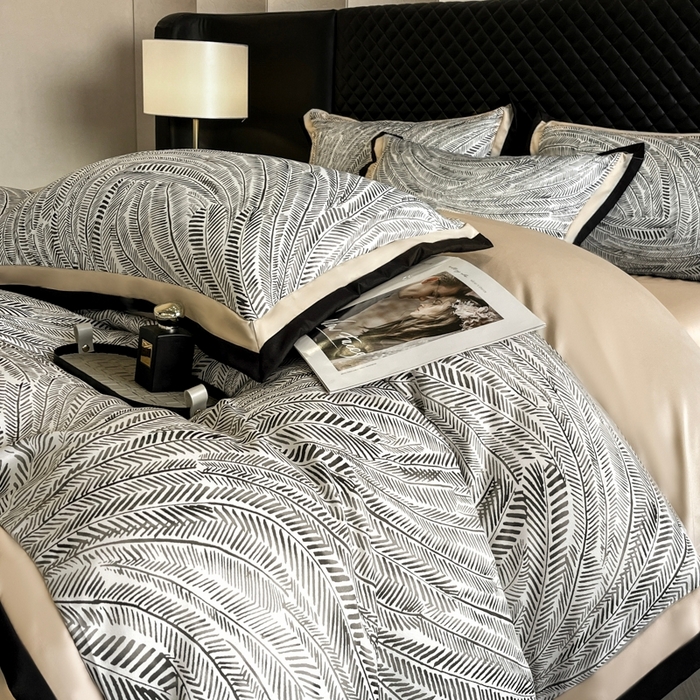 91家纺网 家纺一手货源 找家纺 首尔家纺 2026春夏新款宽边数码冰丝四件套 孔雀舞咖