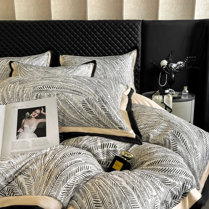 91家纺网 家纺一手货源 找家纺 首尔家纺 2026春夏新款宽边数码冰丝四件套 孔雀舞咖