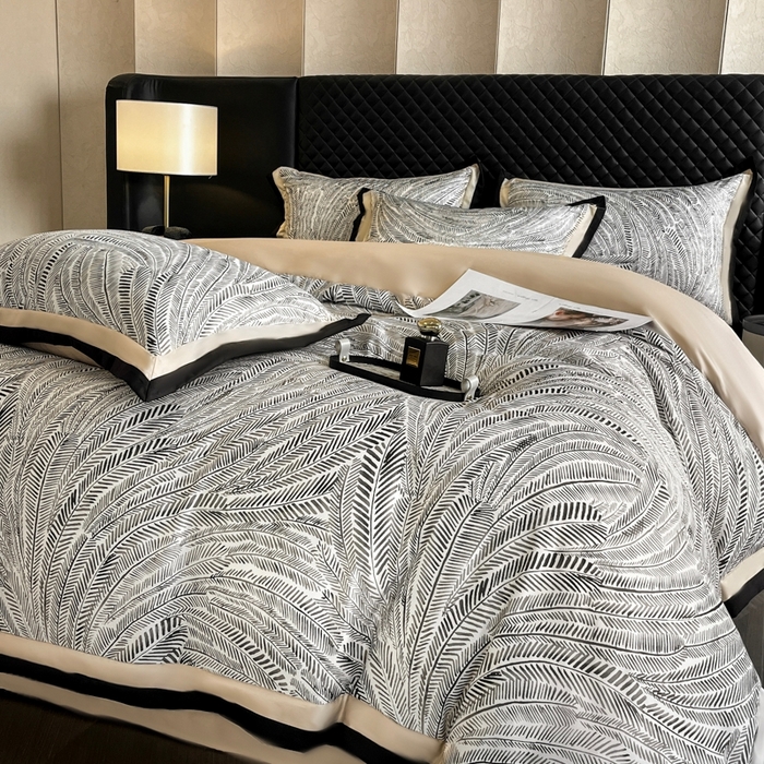 91家纺网 家纺一手货源 找家纺 首尔家纺 2026春夏新款宽边数码冰丝四件套 孔雀舞咖