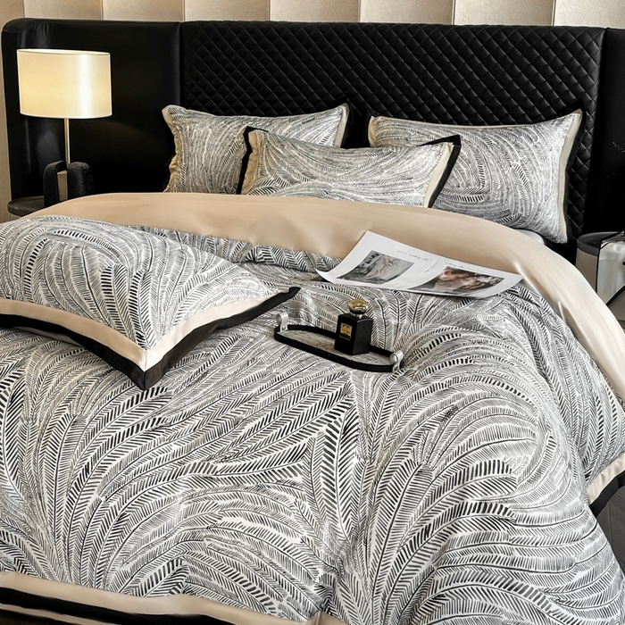 91家纺网 家纺一手货源 找家纺 首尔家纺 2026春夏新款宽边数码冰丝四件套 孔雀舞咖