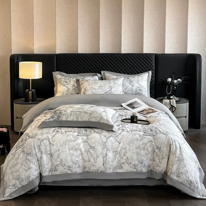 91家纺网 家纺一手货源 找家纺 首尔家纺 2026春夏新款宽边数码冰丝四件套 巴洛克灰