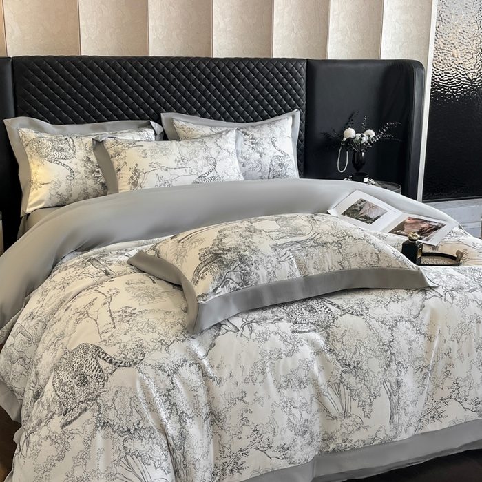 首尔家纺 2026春夏新款宽边数码冰丝四件套 巴洛克灰