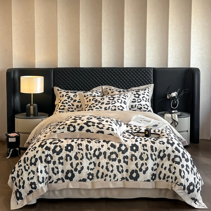 91家纺网 家纺一手货源 找家纺 首尔家纺 2026春夏新款宽边数码冰丝四件套 豹纹咖