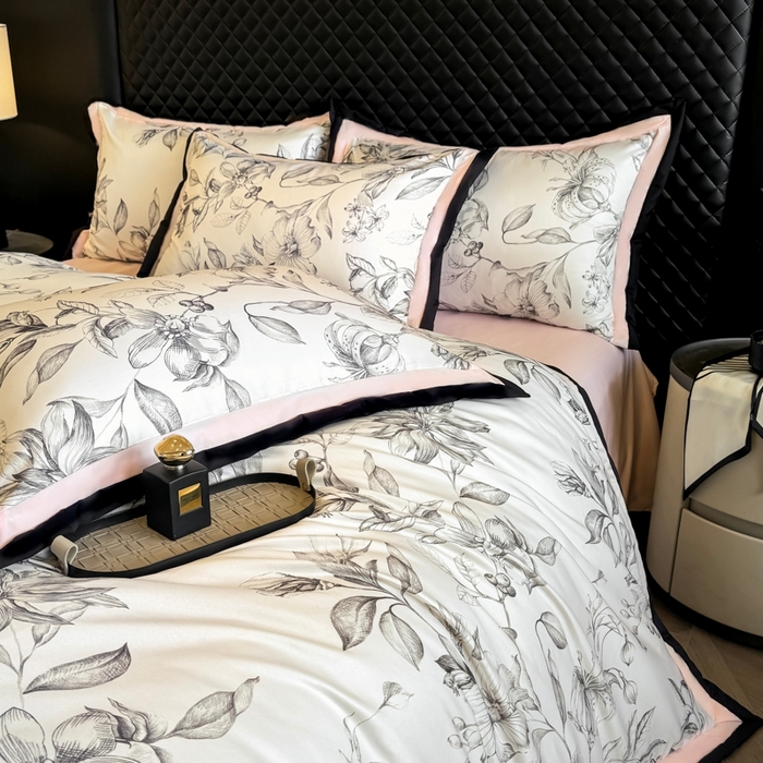 91家纺网 家纺一手货源 找家纺 首尔家纺 2026春夏新款宽边数码冰丝四件套 石榴花粉