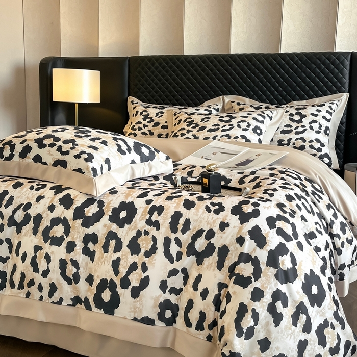 91家纺网 家纺一手货源 找家纺 首尔家纺 2026春夏新款宽边数码冰丝四件套 豹纹咖