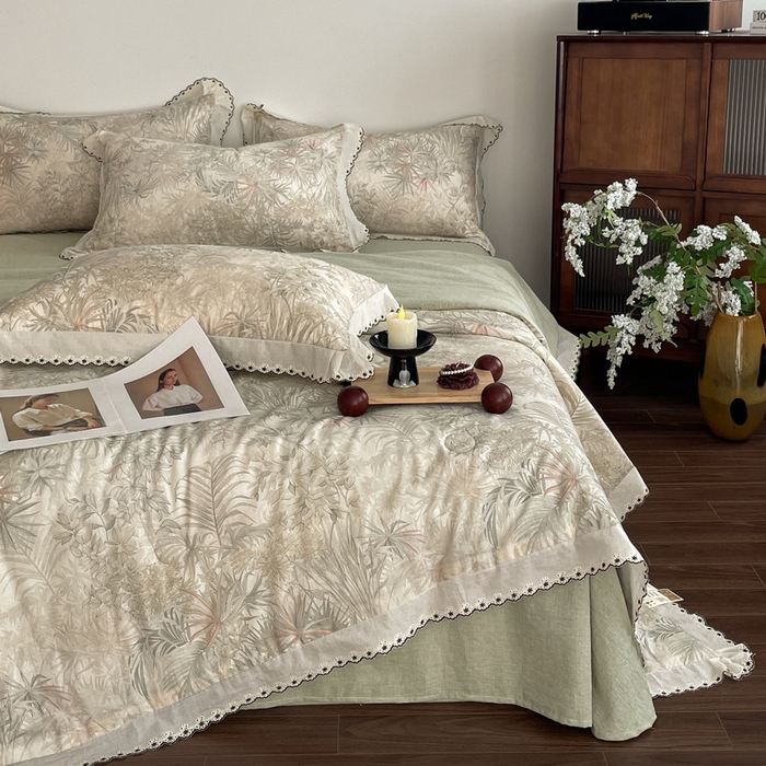 91家纺网 家纺一手货源 找家纺 （总）慕晨 2026新款天丝莱赛尔棉麻数码印色织花边夏被四件套高级田园美式直播热款