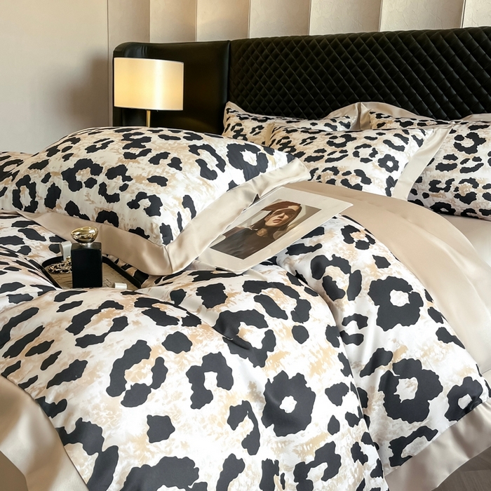 91家纺网 家纺一手货源 找家纺 首尔家纺 2026春夏新款宽边数码冰丝四件套 豹纹咖