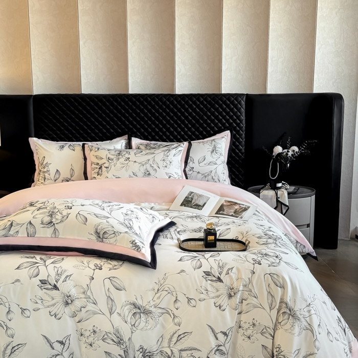 91家纺网 家纺一手货源 找家纺 首尔家纺 2026春夏新款宽边数码冰丝四件套 石榴花粉