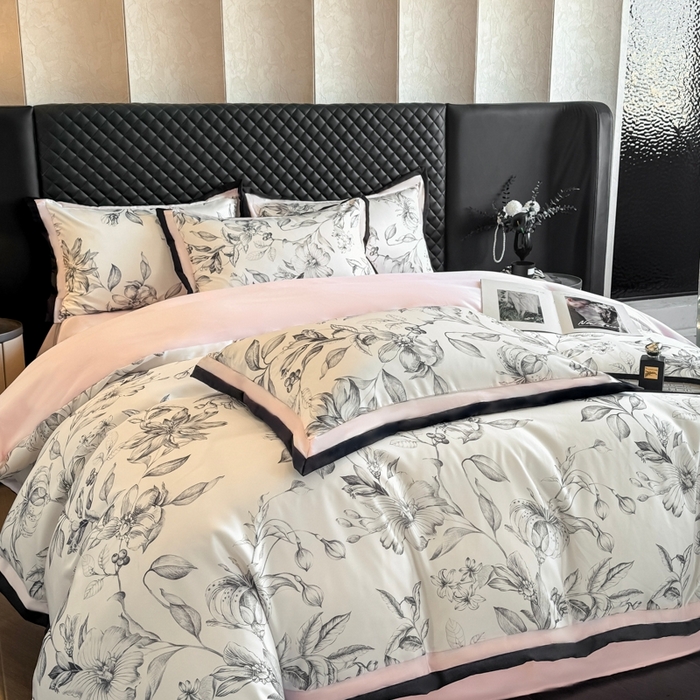 首尔家纺 2026春夏新款宽边数码冰丝四件套 石榴花粉