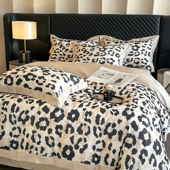 91家纺网 家纺一手货源 找家纺 首尔家纺 2026春夏新款宽边数码冰丝四件套 豹纹咖