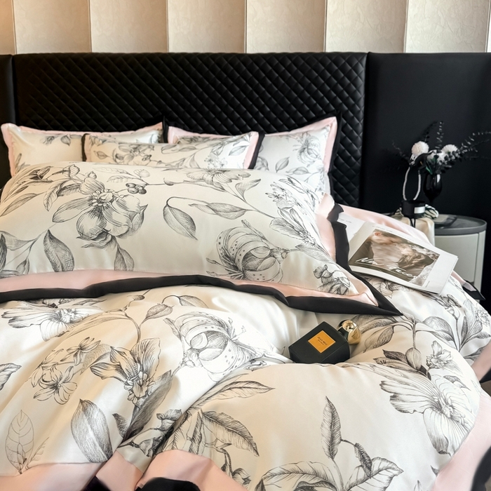 91家纺网 家纺一手货源 找家纺 首尔家纺 2026春夏新款宽边数码冰丝四件套 石榴花粉