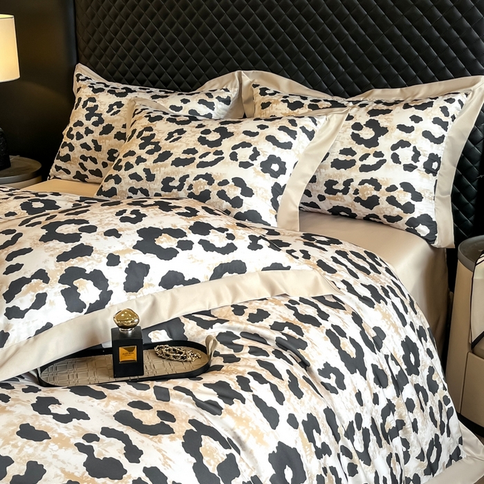 91家纺网 家纺一手货源 找家纺 首尔家纺 2026春夏新款宽边数码冰丝四件套 豹纹咖