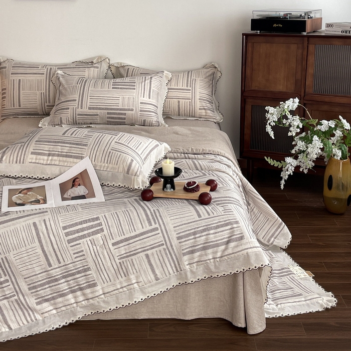 91家纺网 家纺一手货源 找家纺 （总）慕晨 2026新款天丝莱赛尔棉麻数码印色织花边夏被四件套高级田园美式直播热款