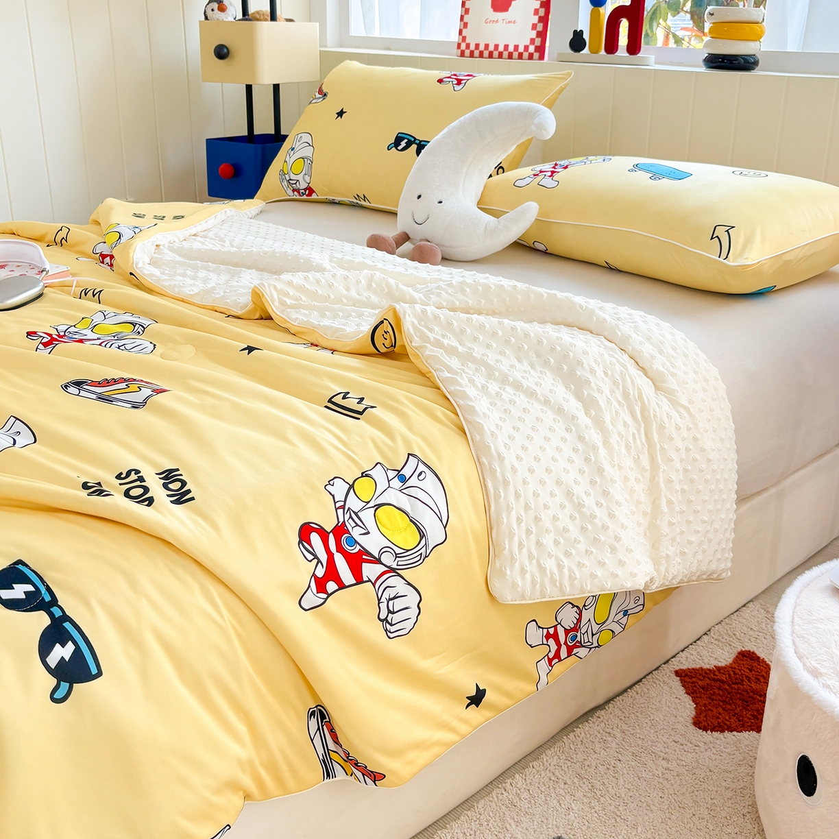 91家纺网 家纺一手货源 找家纺 恒畅 2026新款A类正版授权（含氨）卡通针织棉3D凉感豆豆夏被夏凉被 光崽奥特