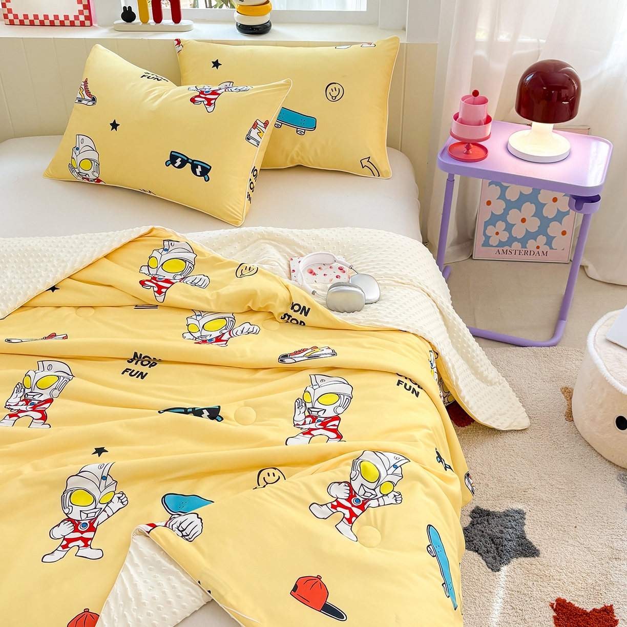 91家纺网 家纺一手货源 找家纺 恒畅 2026新款A类正版授权（含氨）卡通针织棉3D凉感豆豆夏被夏凉被 光崽奥特