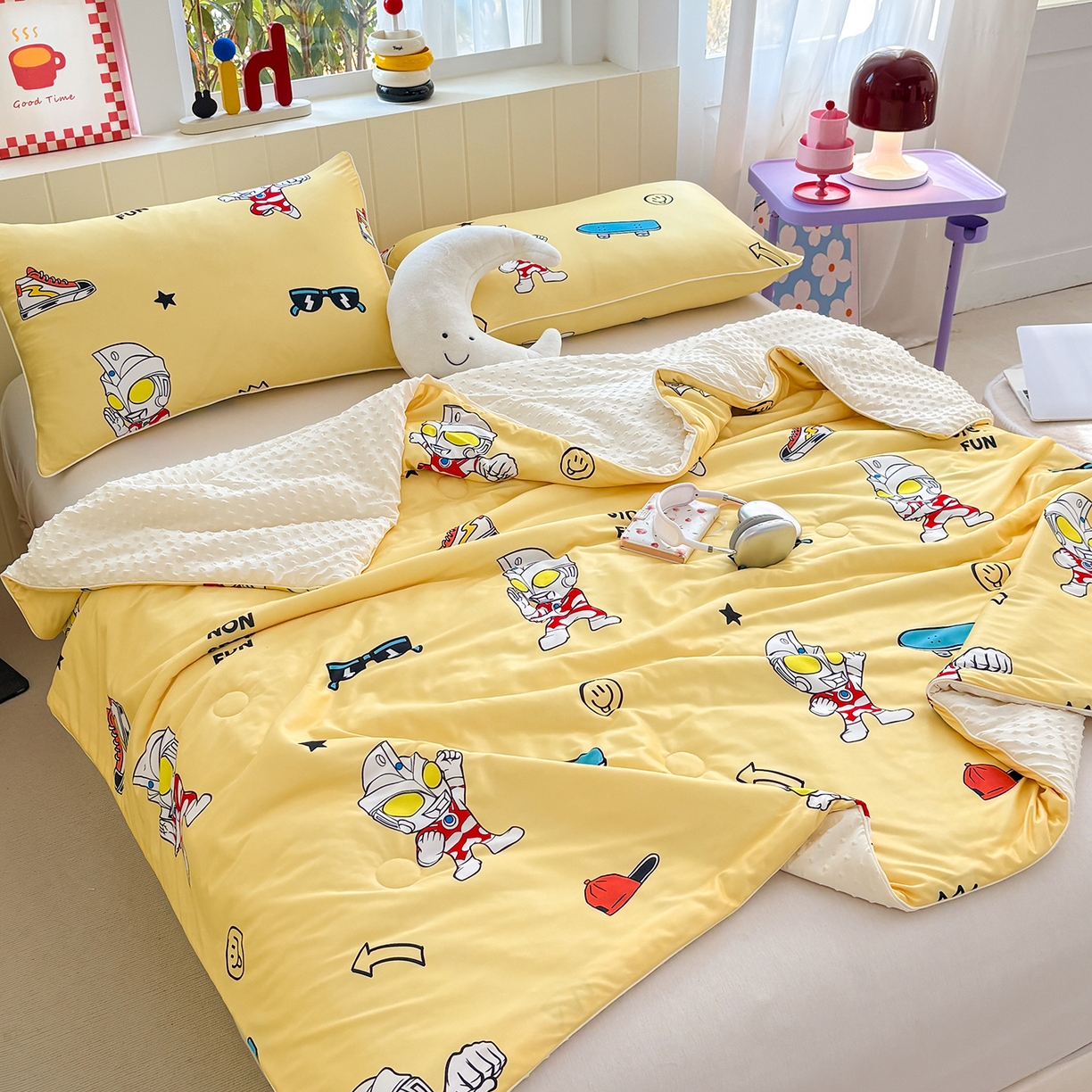 91家纺网 家纺一手货源 找家纺 恒畅 2026新款A类正版授权（含氨）卡通针织棉3D凉感豆豆夏被夏凉被 光崽奥特